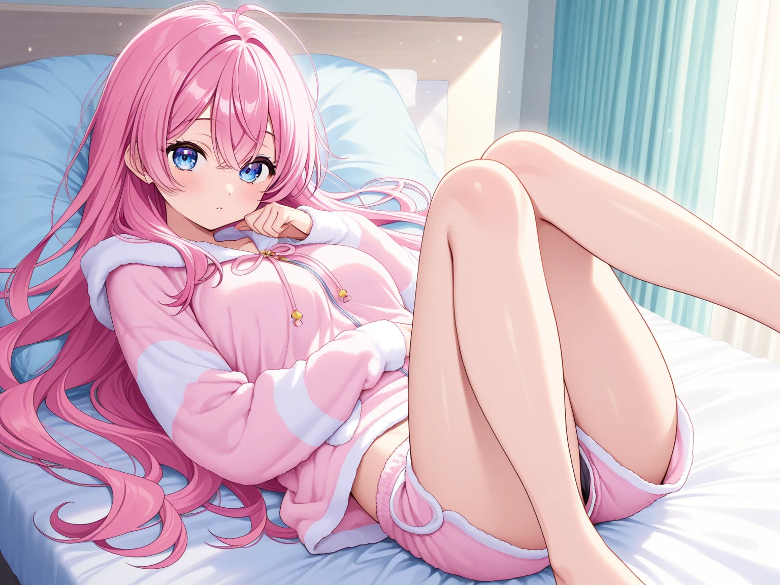 Beautiful illustration、top-quality、Cute little girl s、cleavage,Bedroom、A pink-haired、long whitr hair、(((Pink pleated skirt)))、(((Pink sailor suit)))、short- sleeved、huge tit、a navel、Turn up the skirt with your hands、showing white panties、Pull up the skirt,The reveal panties、Bare legged、eBlue eyes、on top of the bed、Lovely thighs、glowing thigh