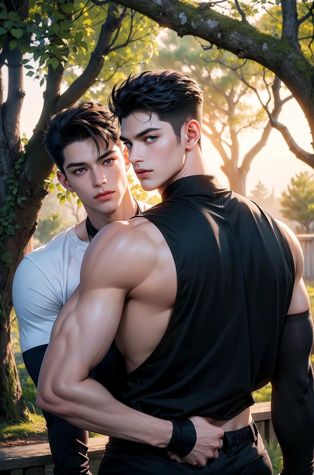 2 young handsome guys，twin，A light smile and fair skin，abdominal muscles, Muscular chest muscles,  Swelling of chest muscles，hairy body，Unbuttoned short-sleeved floral shirt，Sexy and charming expression，blue eyes，Perfect hand details，standing in the garden，buoy,(Ultra-thin tight gauze shorts)，(Big bag highlights)，garden，ink flowers