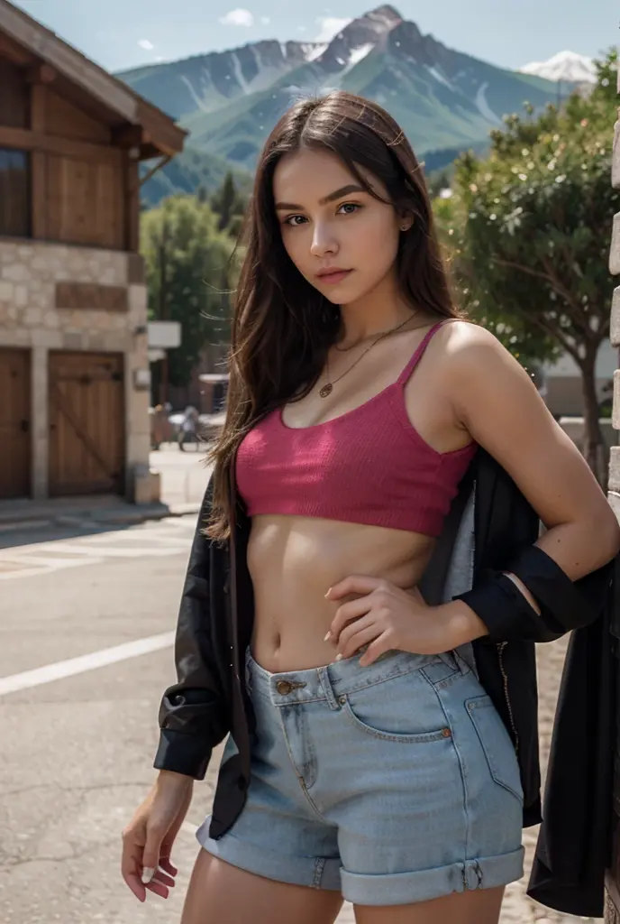 1girl in, age 20, Square face, Long hair, Looking at Viewer, jewelry, Realistic, A sexy, random outfits, multicolored outfits, mountain background, free pose