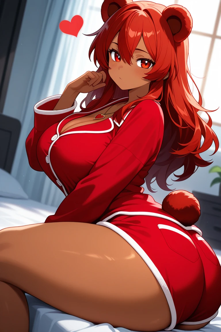 (One beautiful Japanese taller girl,23years old),(Huge breasts,drooping chest:1.2),(long sleeve red track jacket,white round neck short sleeve t-shirts,white panties),(frontal facing,frontal body,naked:1.5),red long hair,Bangs,dark red eyes,Sweaty body,bed Room