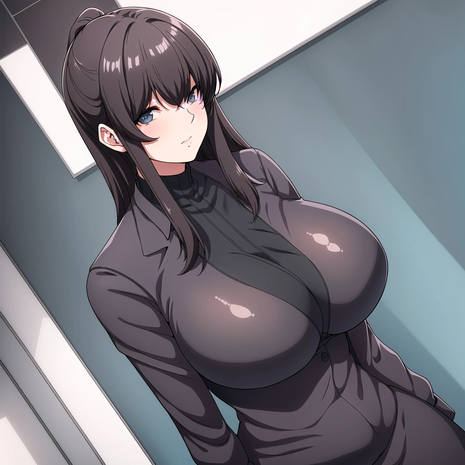 high quality, highres, sharp focus,Realistic effects, extremely detailed,masterpiece,simple background,dslr,1 forty_year_old mature woman,nude,wearing black ((see-through)) leotard,nice pussy,pubic hair,very huge breasts,standing,In a public locker room,arm behind body, high neck, smile