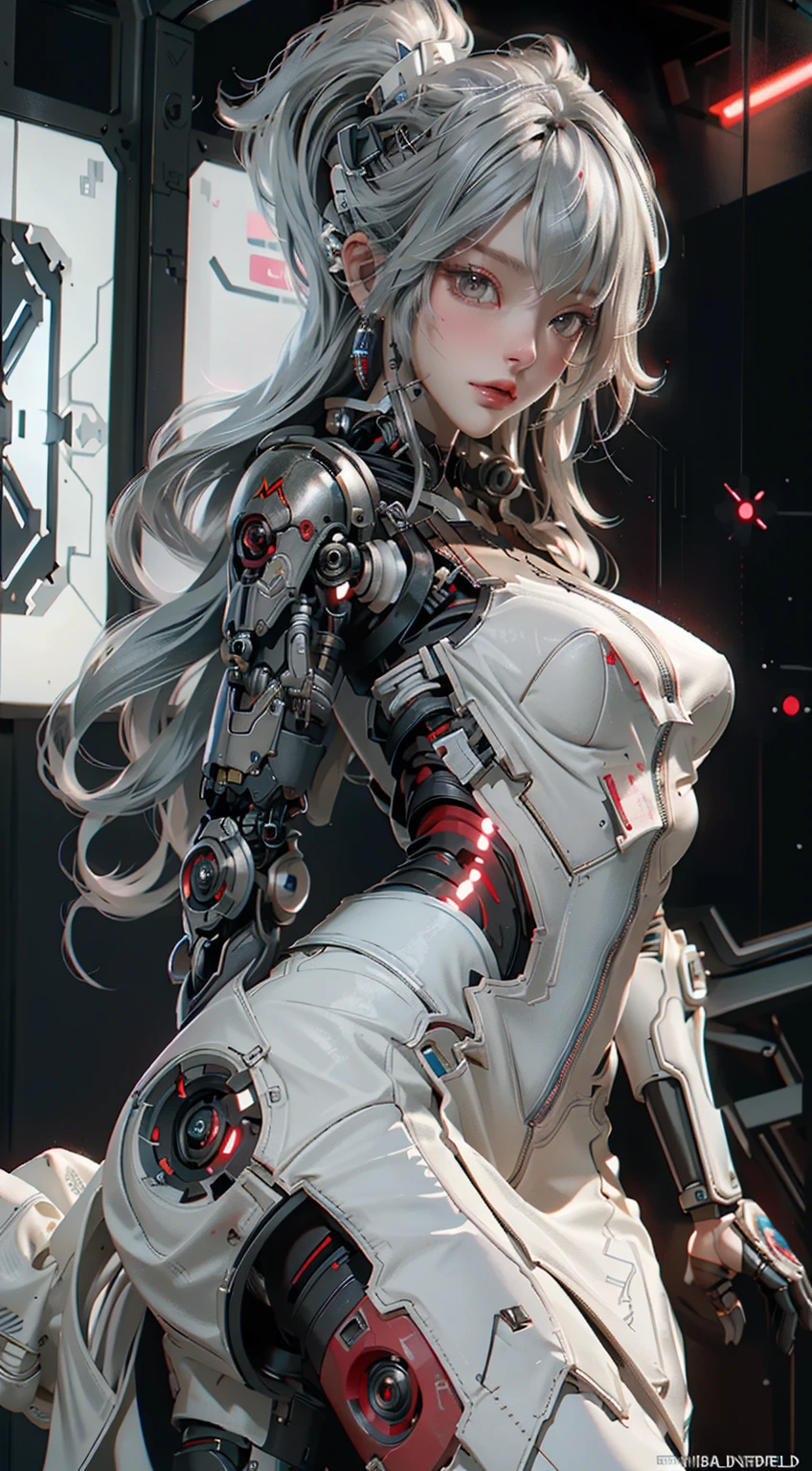 Beautiful Face,face is Japan, 1 Woman, Big, Curvaceous,(8k, RAW photo, top quality, masterpiece: 1.2)(Realistic, Photorealistic: 1.37) (Blood vessel attached to tube)((((Bikini Cyborg robot parts)))), (Light gray hair), Long hair, Wavy hair, Twin tails, Medium shot, ((Seductive smile) ), (Black Eyes), Hime Cut,From Below,(whole body),posing,,Inside the lab,( Blood vessel connected to a tube),((Mechanical vertebrae attached to the back)),((Mechanical neck attached to the neck)),(Wire and cable attached to the head and body),(Character Focus),Science Fiction,