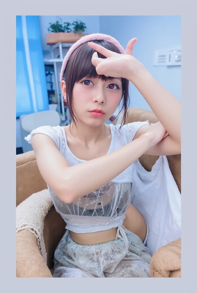1 Cute Girl Crying, short black hair, pale skin, black cat pajamas, selfie crying lying down, sad