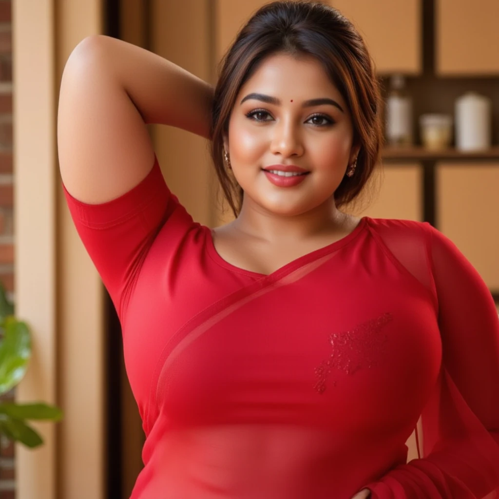 Beautiful full figured tamil woman,smiling at camera, wearing red salwar kameez,HD,realistic ,best quality