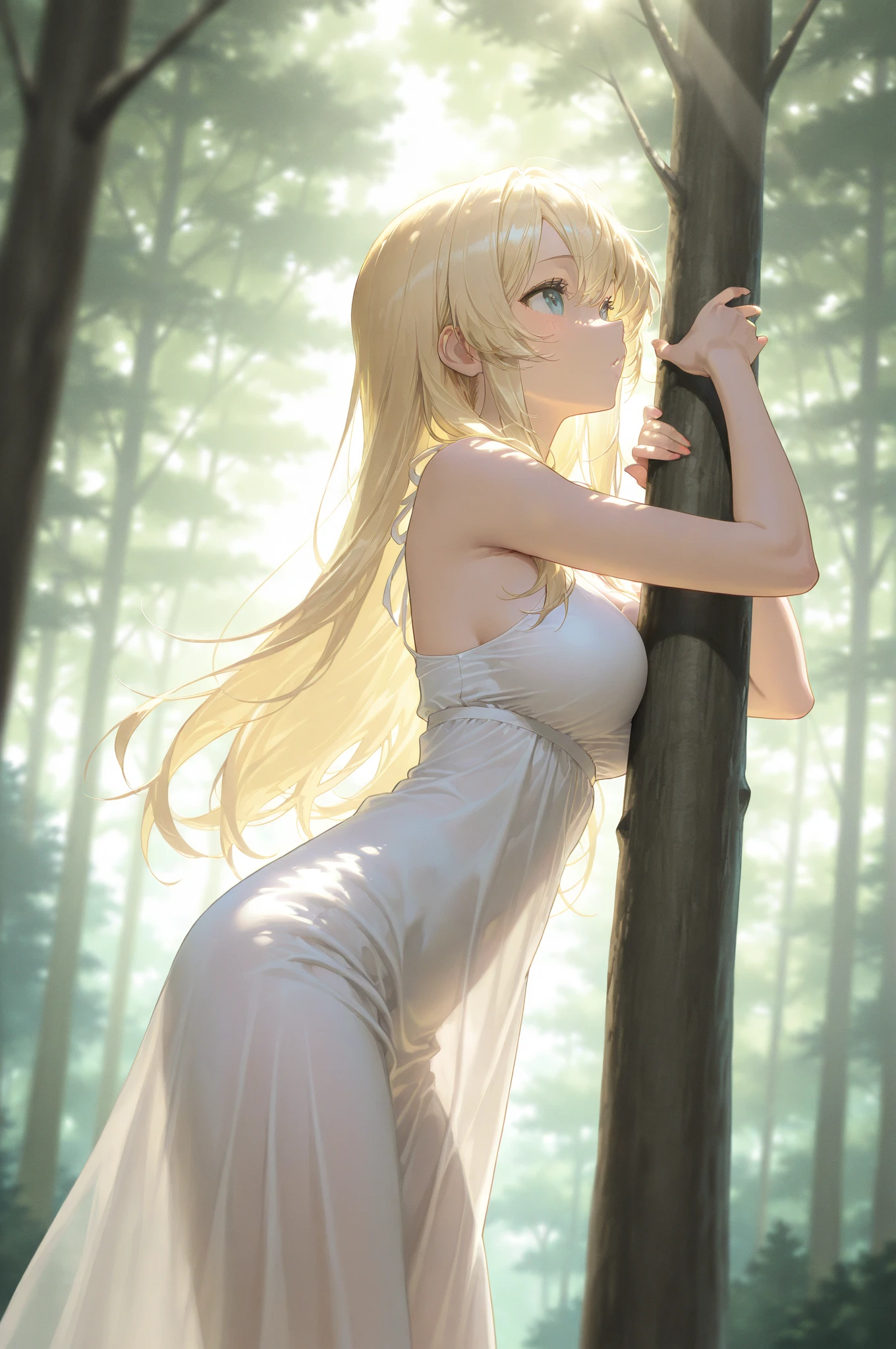 (masterpiece, best quality:1.4), (8K), Young blonde beauty, slender (((18 years old, neat girl))), detailed blue eyes, long eyelashes, blush, ahegao erotic orgasm face, topless small breats, small ass, very thin legs, pink skirt (from side) (looking at viewer), beautiful blonde hair, white-skinned, long hair, bangs, (small breasts), (mushroom forest, celestial forest, beautiful and magnificent sunshine, majestic sky), colorful natural light)