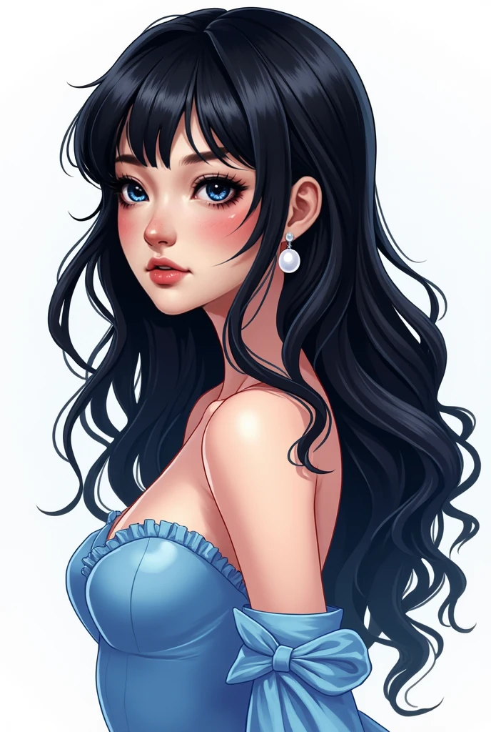 A young white woman with big blue eyes and long black hair, wearing a nightgown and combing her hair