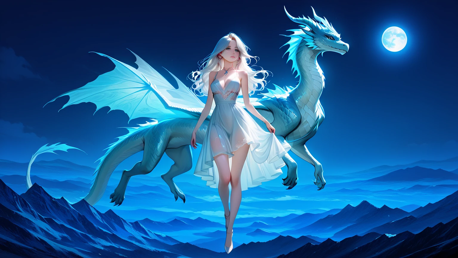 ((masterpiece, best quality)), cute girl, white hair, white dress, rest, white dragon behind, sparkle, water, hd, mix of fantastic and realistic elements,uhd image,crystal clear translucency,vibrant artwork,3d style