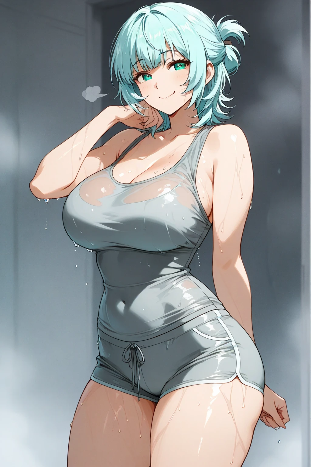 Girl with short green hair, The chest is medium, Green Eyes, 、(tits),Full body photo from head to toe,、cloth、(Clear Face)(Best Quality, High resolution, Super detailed),, (Vivid and colorful, The chest is clearly in focus),(Soft Breasts:1.2、,、、Exposed chest,Full body photo from head to toe,、White sweat all over the body,Sweaty、M-shaped legs,Hot Yoga、stretch、Training wear、Spread your legs and stretch your legs、New Gymnastics、Hot Yoga、Steam-filled room、burn、Heavy breathing、Harsh posture、Stretch your toes、Peachy Butt