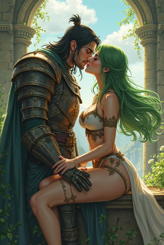 Homem e uma mulher se beijando, homem de cabelo loiro e longo, olhos azuis, peitoral gigante, corpo forte, Corpo com muita veia, armadura de viking, espada gigantesca, Mulher de cabelo curto e preto, olhos verdes, mid chest, sexy, curvas apontadas, Corpo sensual, roupa da pano, medieval setting, imagem HD, Imagem limpa, Imagem 4k, alta resolução, obra prima, manga art