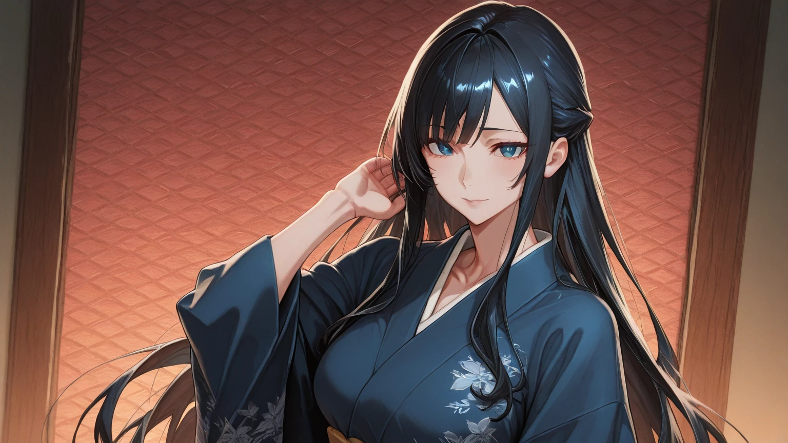 Raven woman, tall, long black hair with white tips, large breasts, defined, wearing a black kimono with gold ornaments, in front of a table with a stand like a samurai katana,Old Japanese house porch background with small river with karpas swimming 
