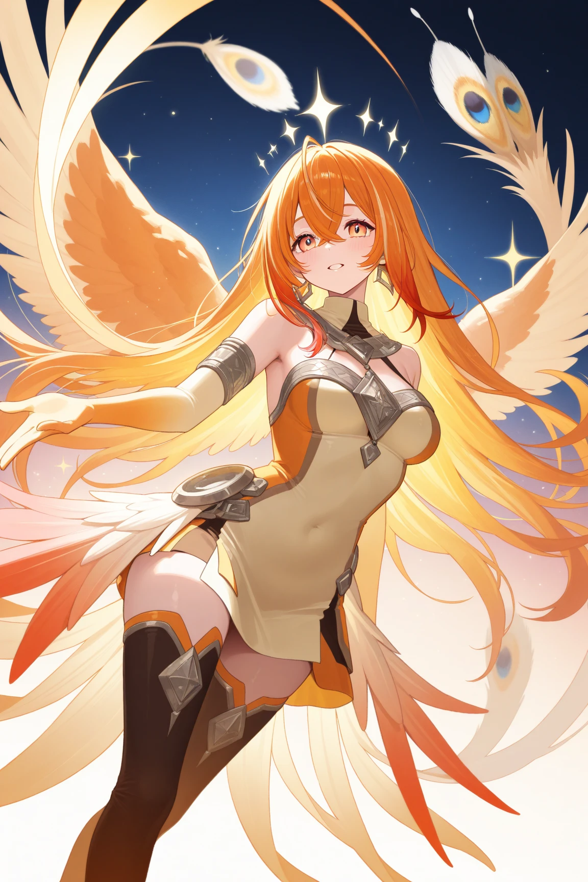 Top quality, ultra high resolution, (photorealistic: 1.4), Japan people, attractive faces. Model face. Thin. Smile, bikini, beautiful details, orange hair. Big tits. Miniskirt. Earring. Rake your hair. Colorful skirt. Detail. Vivid? Realistic details. Real. On the back large wings. Above the clouds. Cloud mass. Long hair. Tiara. Universe. Orange lightning.