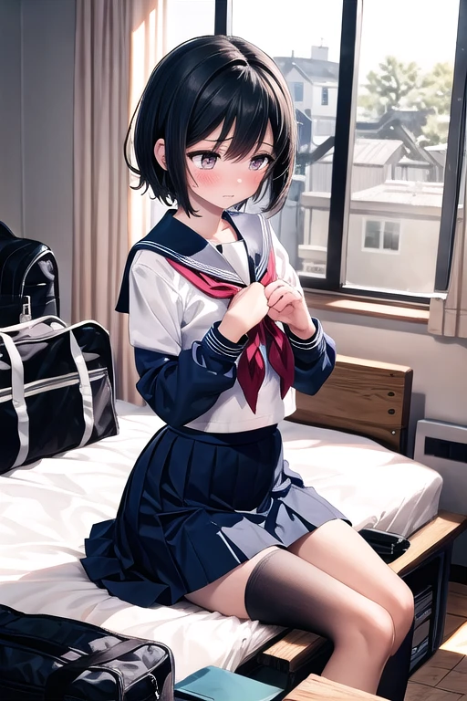absurdres, RAW photo, extremely delicate and beautiful, masterpiece, Best Quality, ultra high resolution, 32k, hyperrealistic, ultra-detailed, in her 20s, delicate facial features, tearful mole, earring, medium breasts, full body shot, shorter middle hair, black hair, ((school uniform)), bedroom,