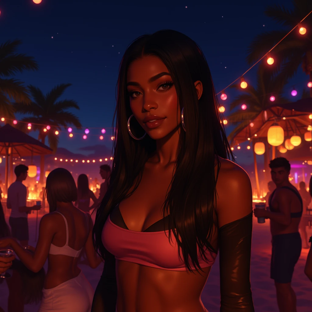 1_girl, solo,(cute and sexy girl, dark tan skin, multicolor hair,bunny girl:1.1,ultra-realistic,best quality,4k,highres,masterpiece:1.2),detailed beach lighting,anime, neon green bikini, midnight lights at the beach, kneeling
