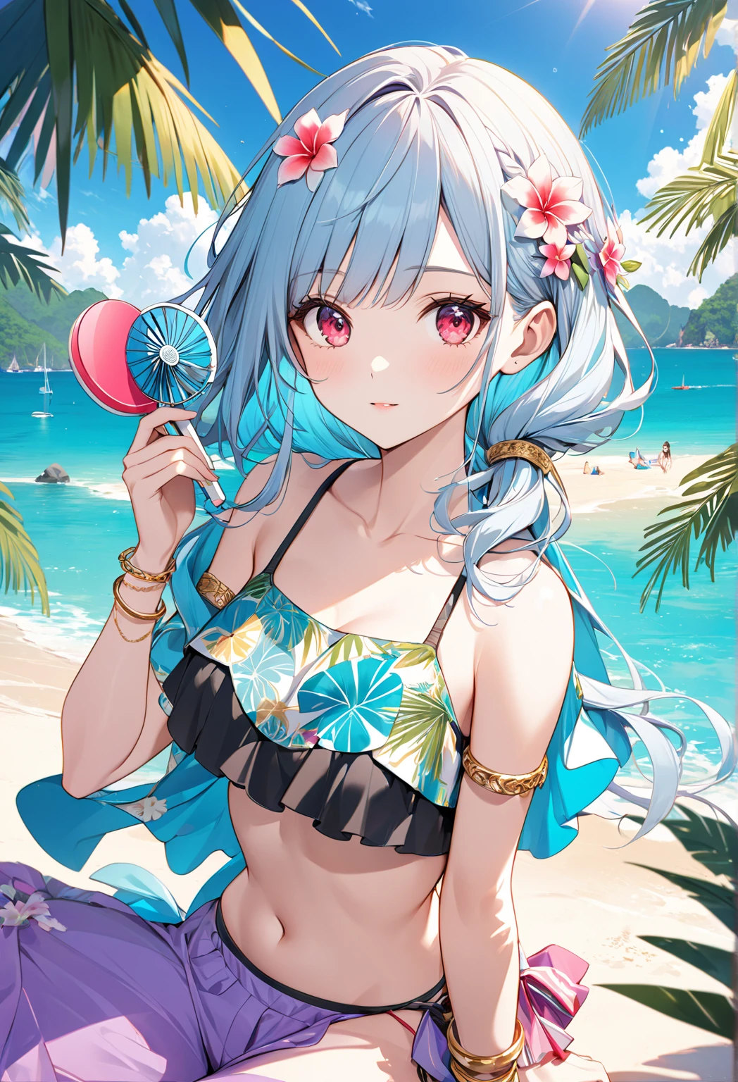 Chica anime de cabello largo en capas color gengibre y ojos azules. Piel palida con sub tonos rosas y cuerpo perfecto con un bikini 