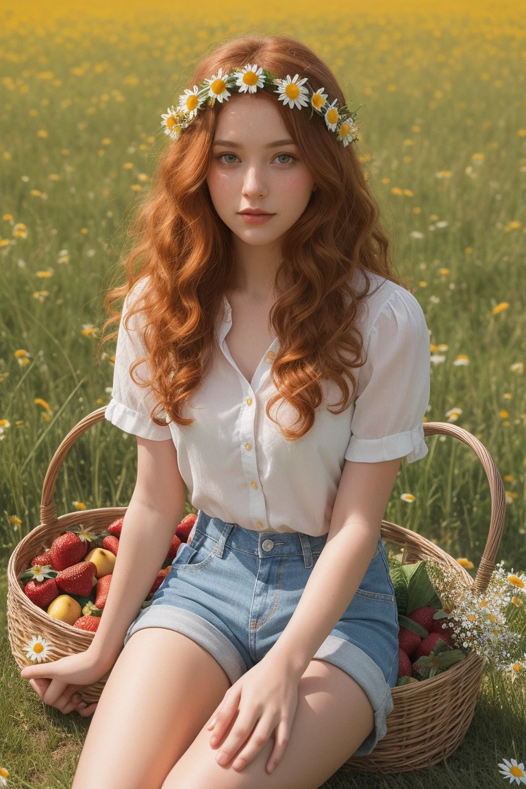 (girl:1.2),alone, (Long red curly hair:1.1), Brown eyes, Wear a wreath of daisies on your head, ,beautiful,elegant,Shorts、Knee-high socks