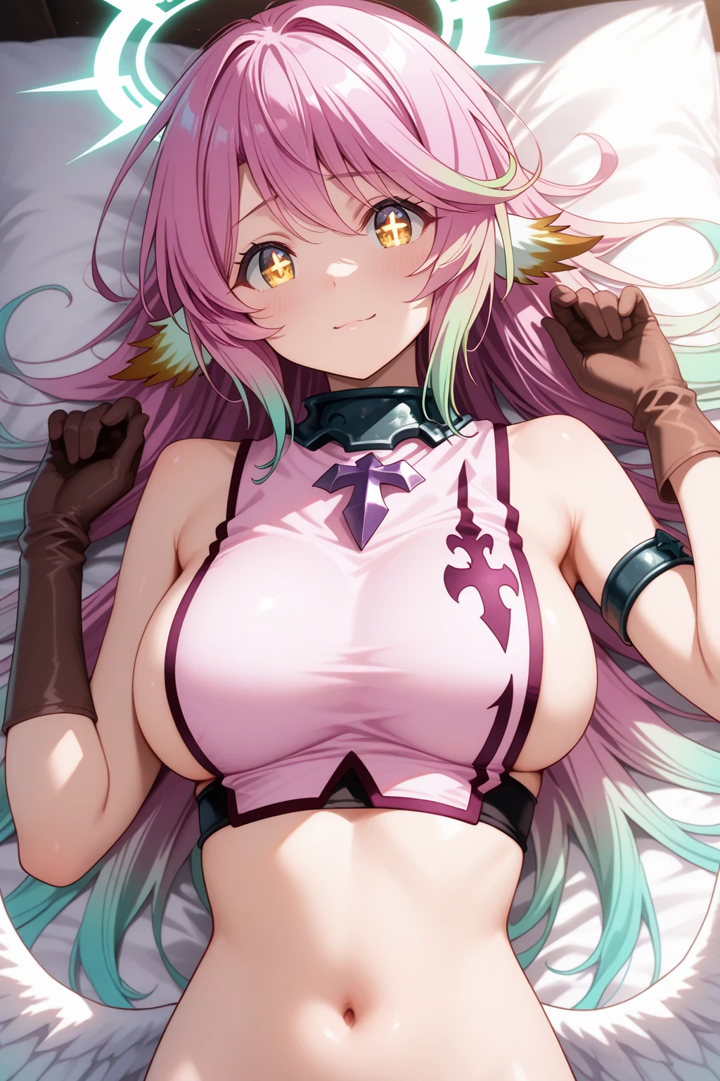 1 girl, anime, futuristic setting, tall, elegant tuxedo, neon green hair, pink streaks in hair, orange eyes, muscular, sleeves rolled up, messy hair, ponytail, beauty marks, moles, sharp teeth, shark tail, smirk