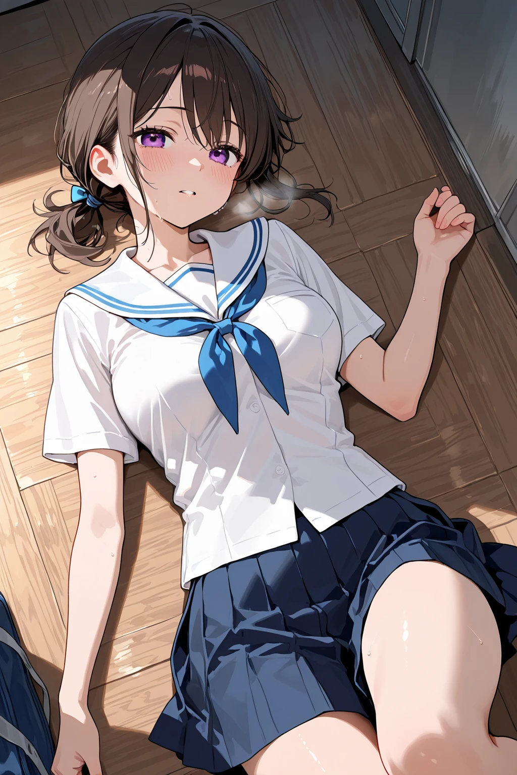 drunk girl ((mischievous smile)) ((messy uniform))((messy school uniform)) ((blushing)) ((sitting)) ((Brown hair)) ((the plan)) ()thin and very not voluptuous body)) ((small breasts)) ((small hips))