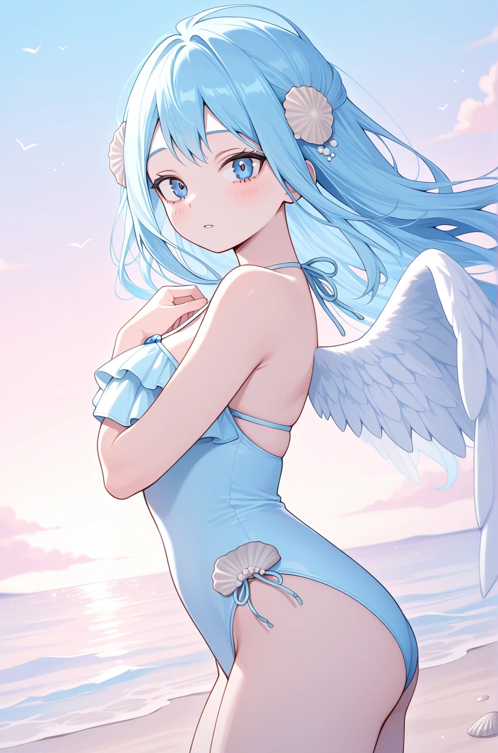 rooftop, 1 girl, 1 Screen View, Fantasy Art, masterpiece, highest quality, rooftop, wet with sweat, Shiny natural skin texture, puffynipple, Light-pigmented nipple, Thick thighs, cheerful, blush, grin, braid, flower hair ornament, No underwear, wedding dress, (Wings are growing:1.3), (nsfw:1.1), (8K:1.2), (see through:1.1), (small breasts:1.3), (fluffy bob cut:1.2), (sky blue hair:1.6)