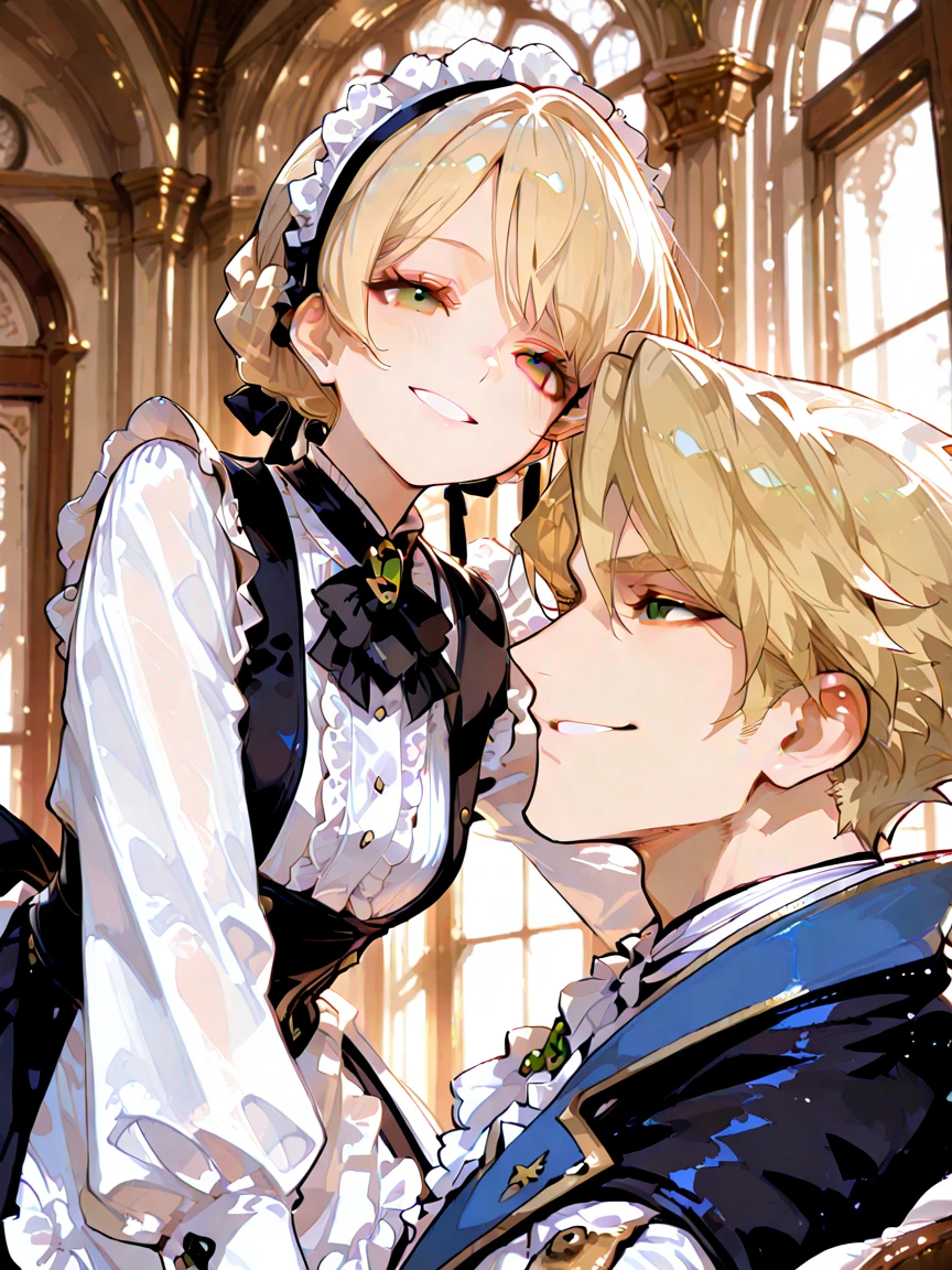 (Masterpiece, Best Quality:1.3), (absurderes, high resolucion, The ultra-detailliert), 2others, couple, 1boy with 1girl, mature, (Height difference1.3), different hair colors, happy, love, (hugging), upper half body, long hair girl, Blonde and dark hair, Fantasy, springtime, a garden, closed mouth, 1Boy, male, Man with a, guy,Testosterone, alpha, Alpha Male, Handsome, Green hair, Very short green hair, Black eyes, sharp eyes,serious face,