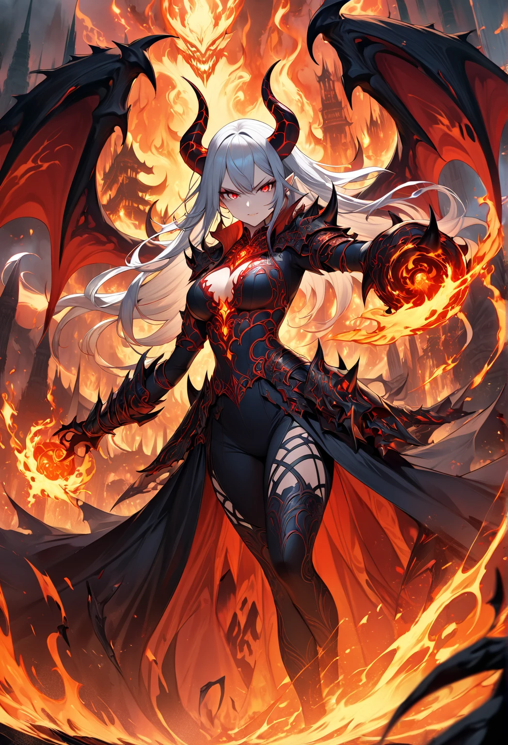 Storyboard, masterpiece, highest quality, dragonlady queen, perfect demoness, bright red glowing eyes, detailed eyes (1.4), scars on face, villainous expression, flaming skin body with bioluminescent glowing pattern, ready for battle, blurred stormy background, dark atmosphere, lighting in background,full body,