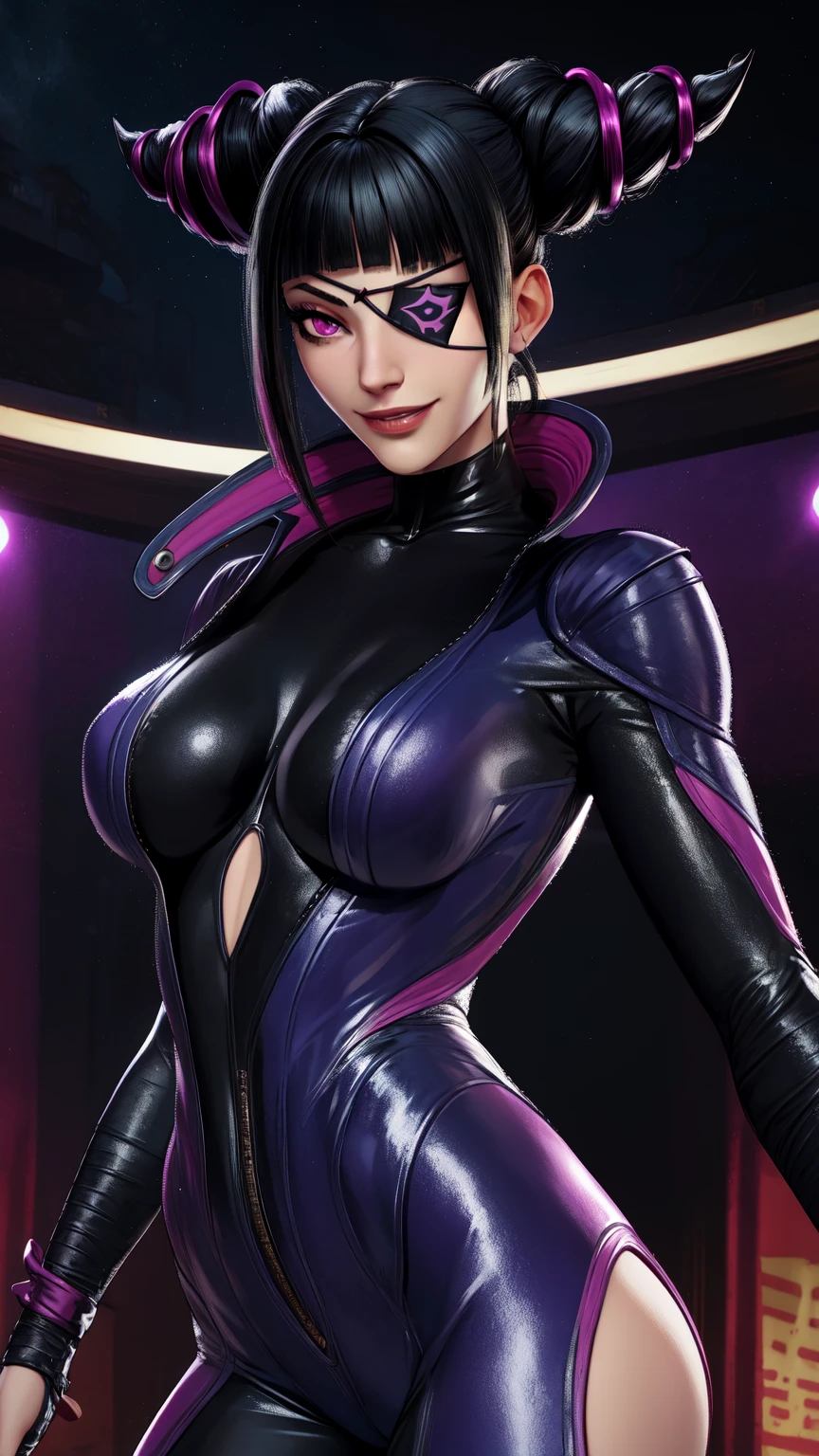 A powerful and authoritative woman, dressed in a purple suit, representing the ENTJ (Commander) MBTI personality type. She is depicted with an intense and furious expression, showing strong anger. Her posture and body language are assertive and commanding, emphasizing her leadership qualities. The background should be dramatic and intense, such as a corporate office with a tense atmosphere, highlighting her dominant and formidable presence. The colors should be vivid, with the purple of her attire standing out to emphasize her personality type.