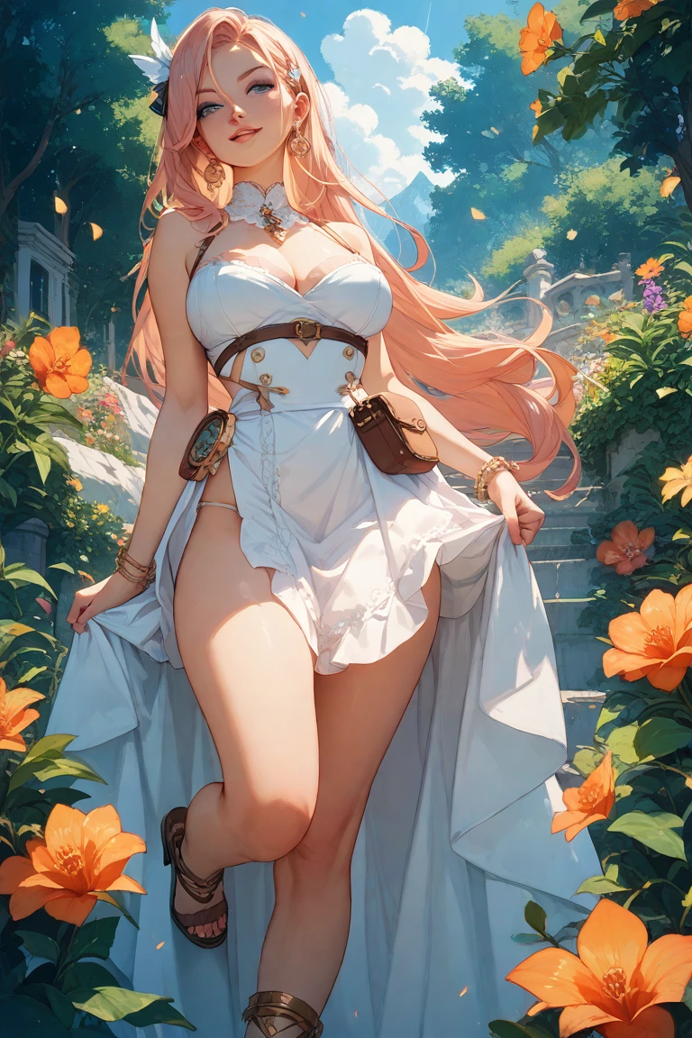 headband,efflorescehorn, 1girl, solo, dress, white dress, sitting, sandals, looking at viewer, simple background, full body, knee up, bare shoulders <lora:efflorescehorn-pynoise-000008:1>
