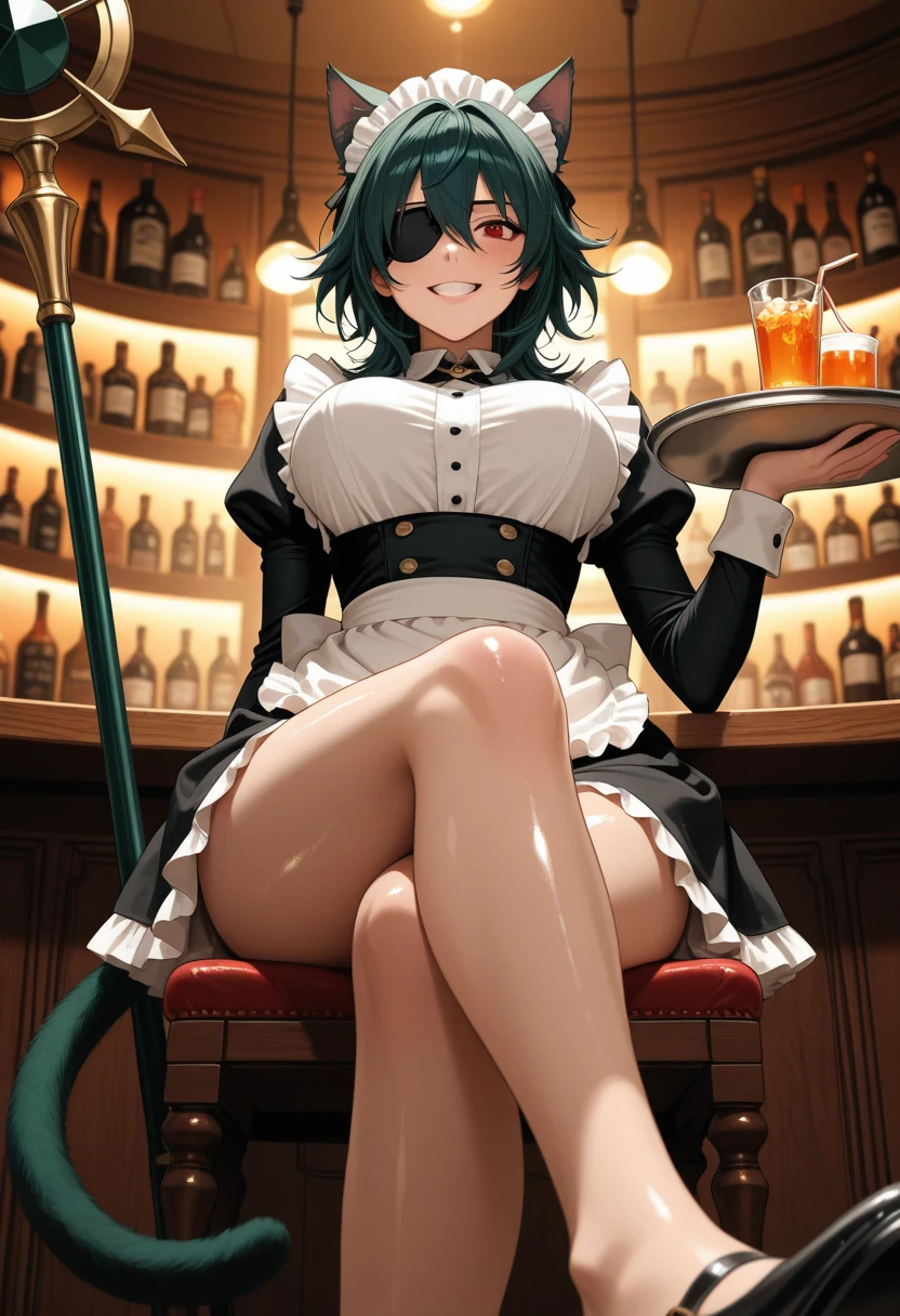 1girl,solo,super detailed skin,shiny skin,wet oily skin, tatsumaki, one-punch man,natural face,pale blonde hair,eyelashes,small breasts,beautifully shaped breasts,gothic body suit,playboy bunny,rabbit ears,fishnet,bowtie, wrist cuffs,sitting chair,night bar,masterpiece,best quality,ultra detailed,high resolution,sharp focus,depth of field