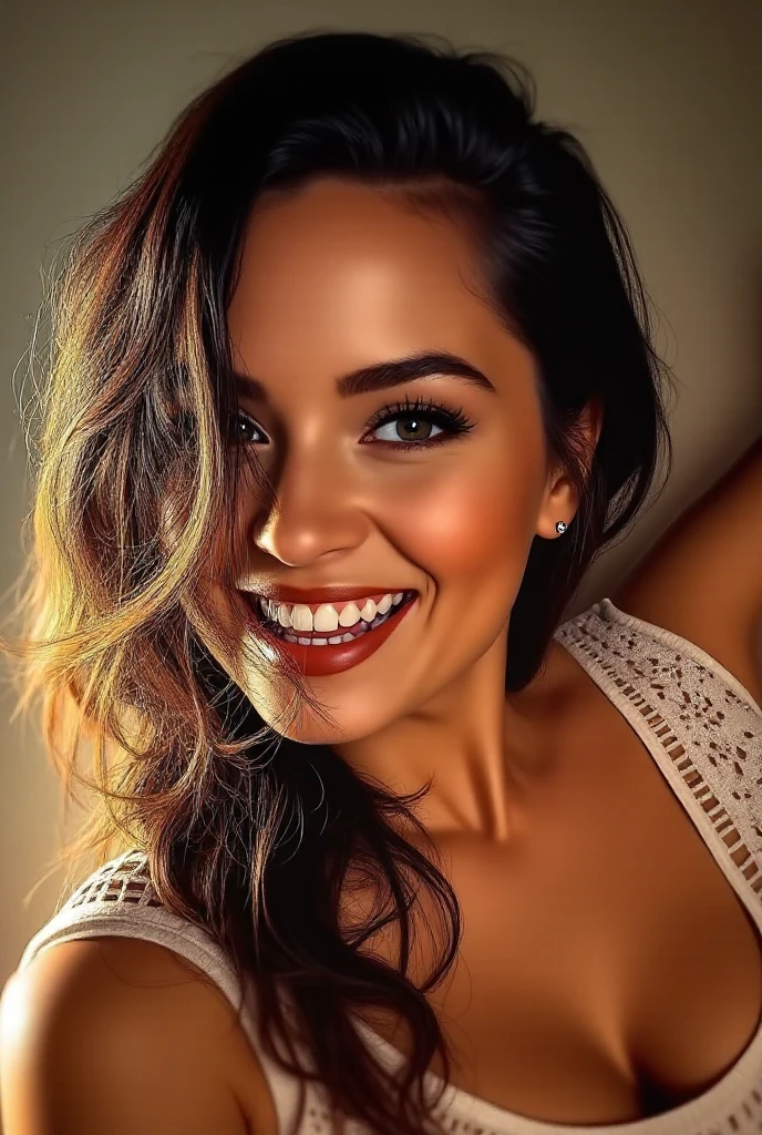 A heavenly and incredibly beautiful Asian Indian, She has big breasts that squeeze her whole body in standing doggy style. Sua pele beijada Pelo sol, Captivating honey eyes, and flowing brown hair immediately catches the eye. The portrait appears to be a high resolution photograph., capturing every detail to perfection. Her red lips are full and attractive, It exudes a seductive charm. The overall image quality is exceptional, natural with impressive details. an identical woman, Face, Pelo, identical clothes. A beautiful smile. She is swimming in a pool, very happy and looking up.