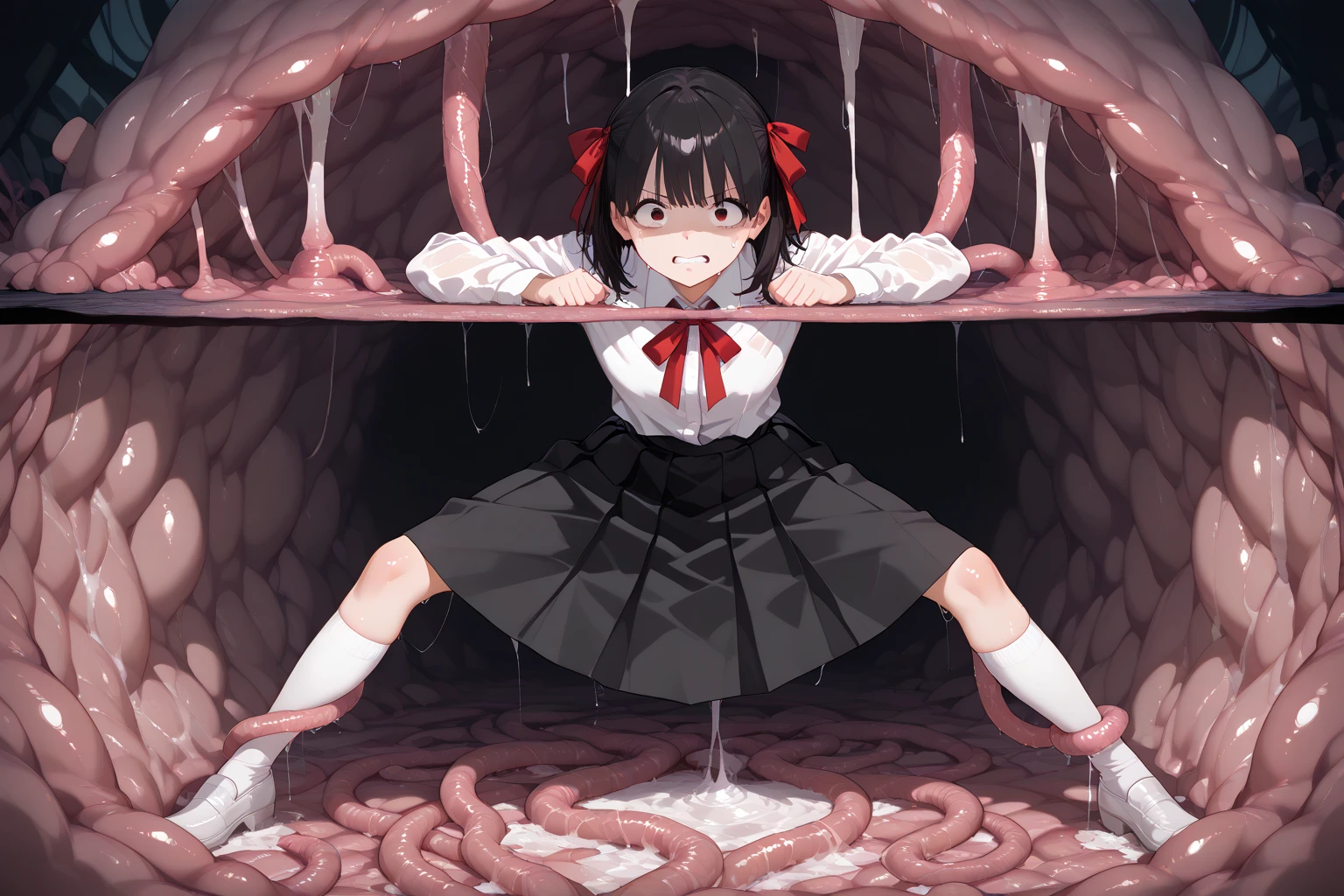 rating_explicit, score_8_up, score_7_up, uncensored, wet skin, flat chest, pale skin, cute face, ???-like proportions, big eyes, inside dark wet cave background, (dripping wet black long straight hair, messy hime cut, slimy hair), ((fishmonster monster pinning down schoolgirl)), (tiny prepubescent japanese cute human schoolgirl being being fucked by lovecraftian monster), piledriver position, dangling legs, big traumatized scared eyes, screaming, tears, crying, (vaginal penetration), (creampie), (huge inhuman monster-dick), (black wet stockings), ((wet transparent blouse, ripped pleated skirt)), full-body shot, low light, bukkake, runny mascara
