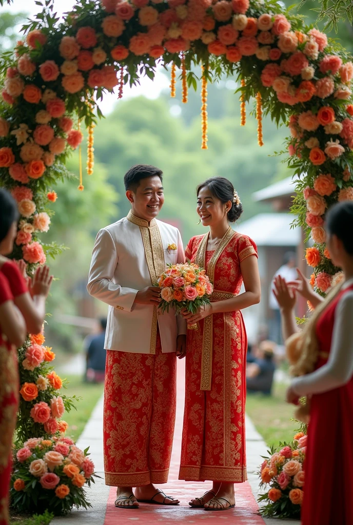 (best quality,4k,8k,highres,masterpiece:1.2),ultra-detailed,(realistic,photorealistic,photo-realistic:1.37),a beautiful Thai woman wearing a traditional Thai wedding dress and a Thai man in traditional groom attire, a joyful wedding ceremony scene, vibrant colors, soft sunlight, blooming flowers, traditional decorations, happy smiling faces, exquisite handcrafted jewelry, intricate embroidery on the wedding dress, a grand outdoor venue with lush greenery, a live band playing traditional Thai music, guests in traditional attire, a festive atmosphere, rich cultural elements, a romantic atmosphere, traditional Thai dance performance, a mix of traditional and modern elements, intricate patterns in the background, a stylish wedding cake, a photographer capturing precious moments, the couple exchanging vows, a Thai wedding ceremony symbolizing love, unity, and tradition.
