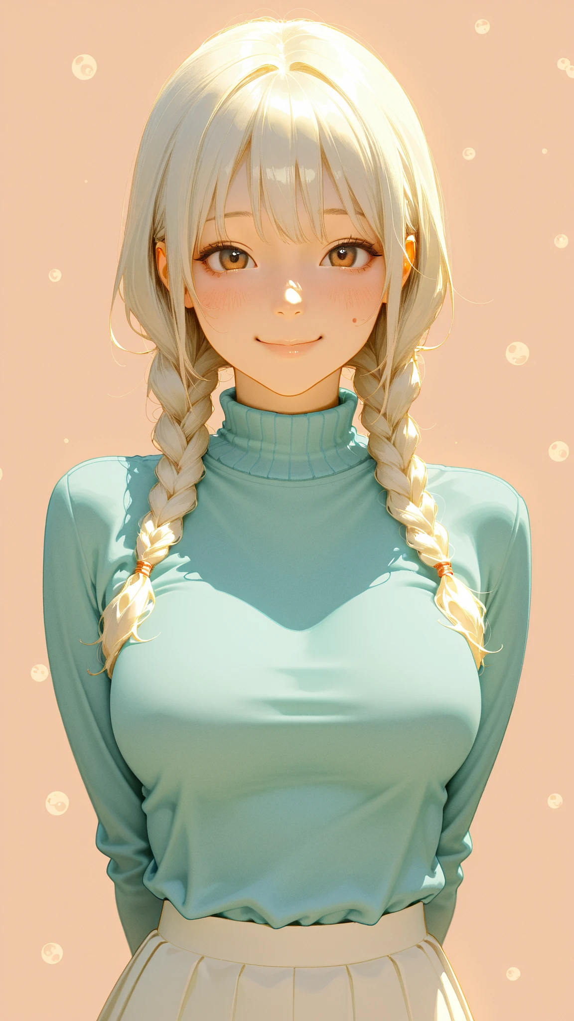(masterpiece, highres, high resolution:1.2), anime 20 yo girl, portrait, shoulders up, illustration. drawn, white hair woman, braids,  green eyes, blushing, solo, sad, sad face, freckles, big lips, huge breasts, perfect body, wearing a turtleneck sweater, anime girl, visible , visible nipples, shirt lift 

