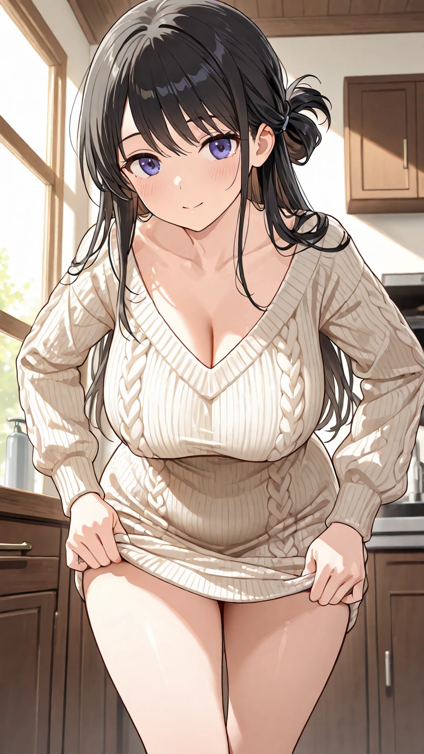Married women、40 years old、Married Woman、ponytail、Teardrop、Beautiful woman、Very thick thighs、Acme Face、Scruffy body、Knitted sweater、kitchen、Sit on the sink and spread your legs、Best image quality、High resolution、masterpiece、super high quality、Orgasmic face、Black and purple lace panties、Very big ass、Very big 、Blushing、4K quality、Blushing、Proud face、Wearing black knee socks、Sweaty all over、Heavy breathing、Chest is bobbing up and down、heart、Low - Angle、Zoom in on the crotch、Cowboy Shot