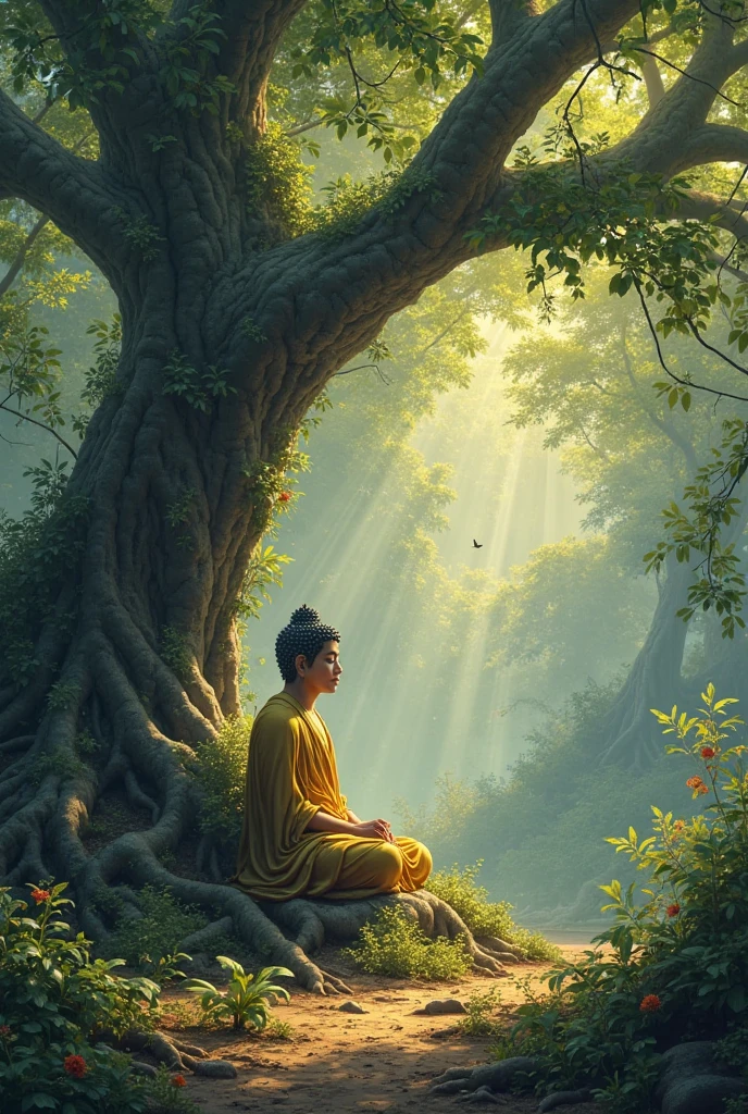 Ek Gautam Buddh jungle mein create Karen jinke Bagal mein दो-तीन Hanson ka Joda Pani mein tair raha ho aur Gautam Buddh apni bhakti mein leen hai