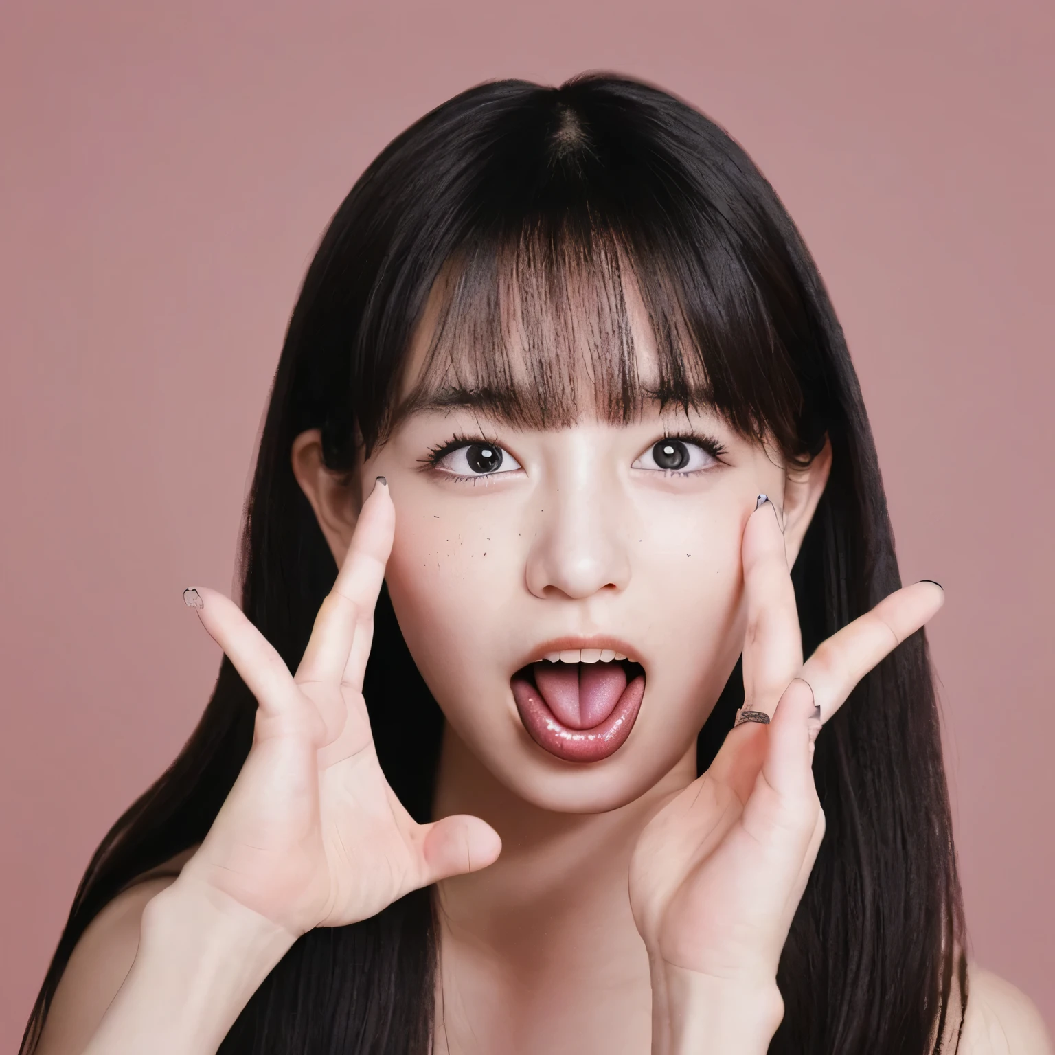 i0r1n. A photograph of a woman with fair skin and short, dark brown, straight bob haircut with bangs that frame her face,sex,ahegao