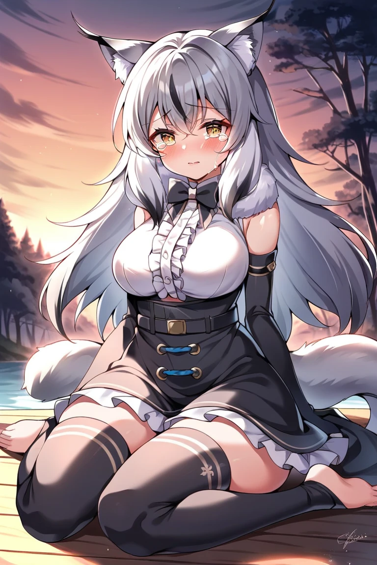 ((Masterpiece)), (Best Quality), Solo, miosha1, hair ornament, ponytail, wolf tail, swimsuit, white shorts, thigh strap, black jacket, leaf print, collar, string bikini, (NSFW:1.2)
