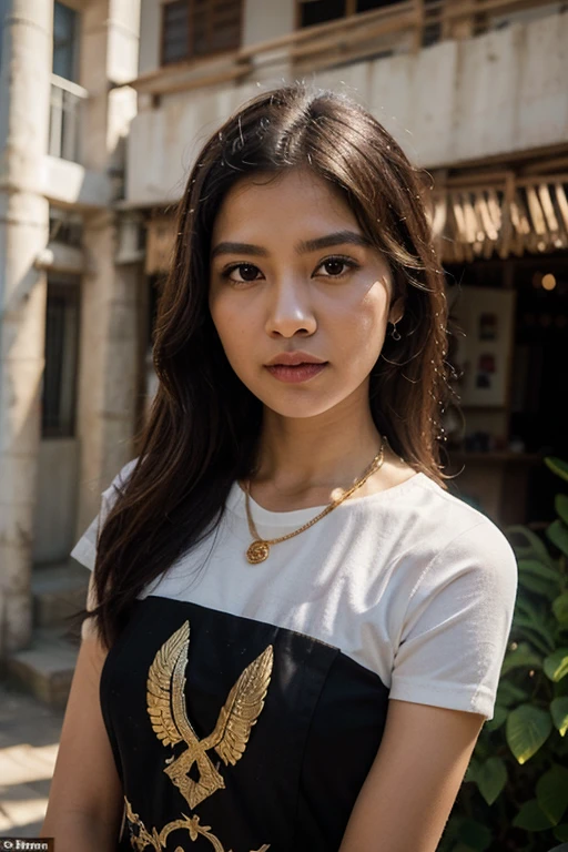 Gadis cantik berkulit putih bibir merah semerah darah, bentuk wajah oval, pupil mata emas rambut panjang berwarna emas, pakaian bangsawan