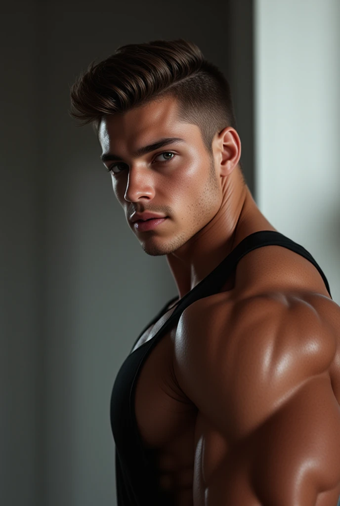 (masterpiece, intricately detailed, highest resolution, best quality:1.2), (doujin), a cocky Sam Mikulak Instagram influencer,a 24 y.o muscle stud with a muscular physique sitting on a chair with black eyes,dark-skinned male, wearing a ((open jacket, chav, armbands)), (excessive cum), (cum on body), (cum drip), flaccid penis,saggy balls,hairy chest,vascular,muscle striations,soft light,fantastic realism,