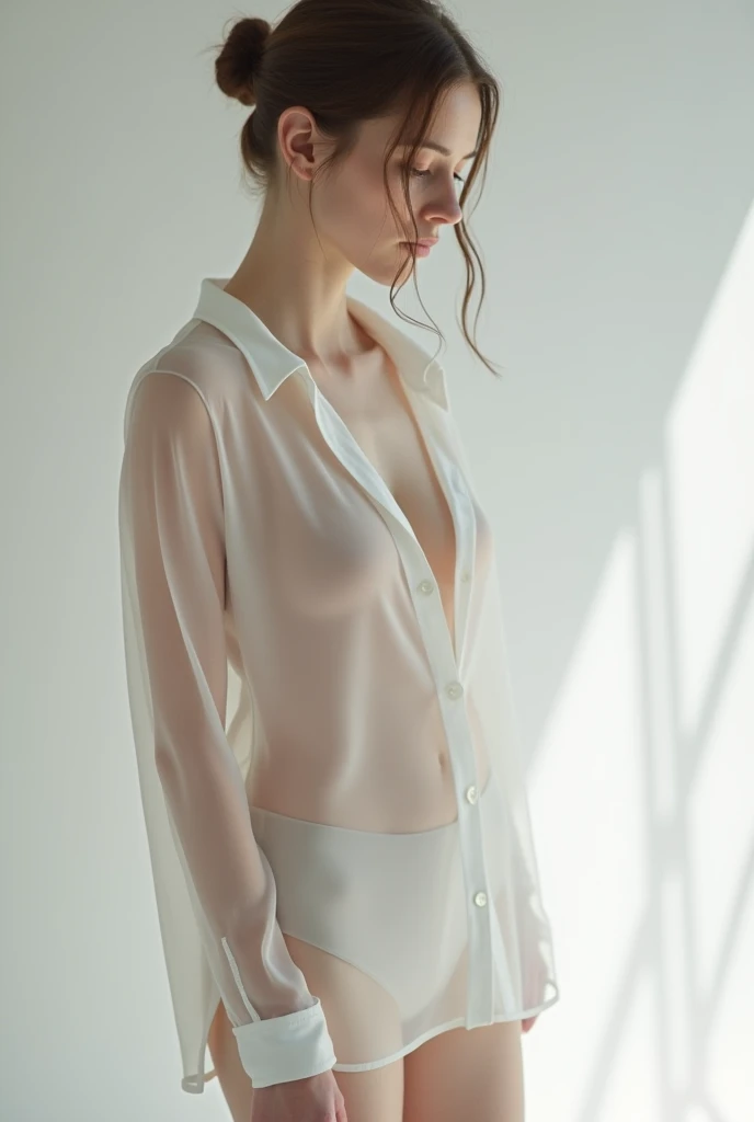 dynamic pose,1girl,pale skin,delicate face,freckles,intricate details,(baggy shirt:1.3),nude,small waist,(wide thigh gap:1.3,thick thighs:1.3),white background,(best quality:1.2,ultra-detailed,realistic:1.37),portrait,soft colors,polished lighting
