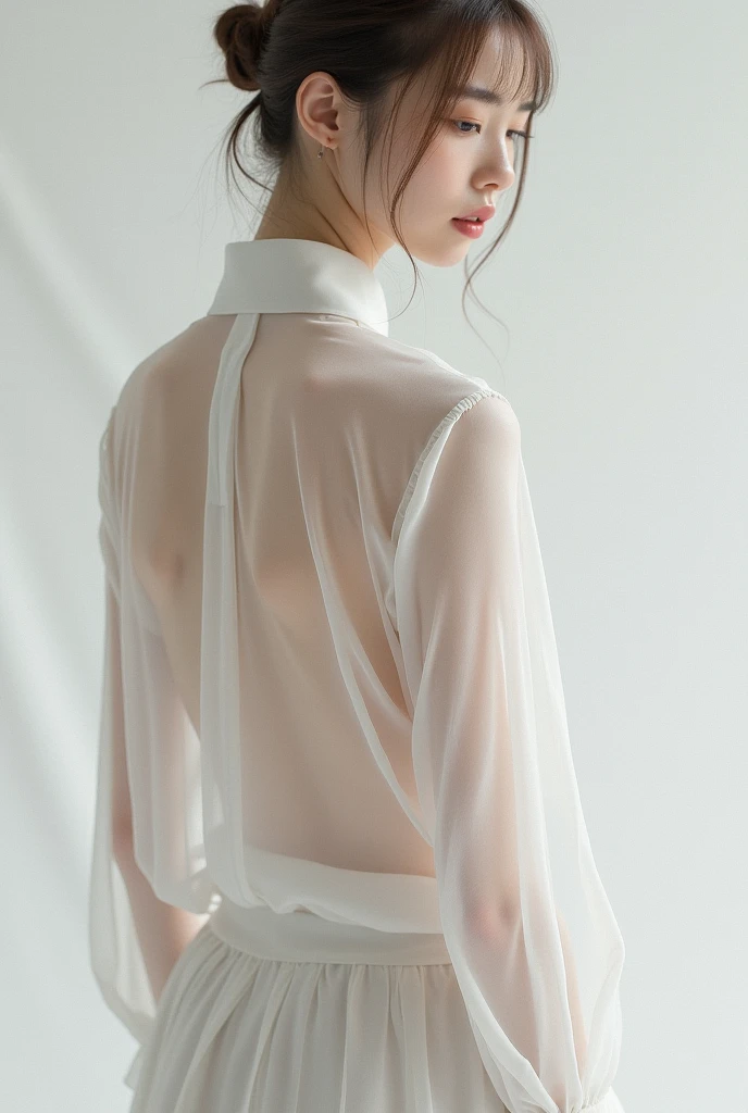 8K quality,((best qualtiy,8k,tmasterpiece:1.3)),Girl with very upturned hips,Face away from the screen,buttock exposure,Wear a transparent white shirt
