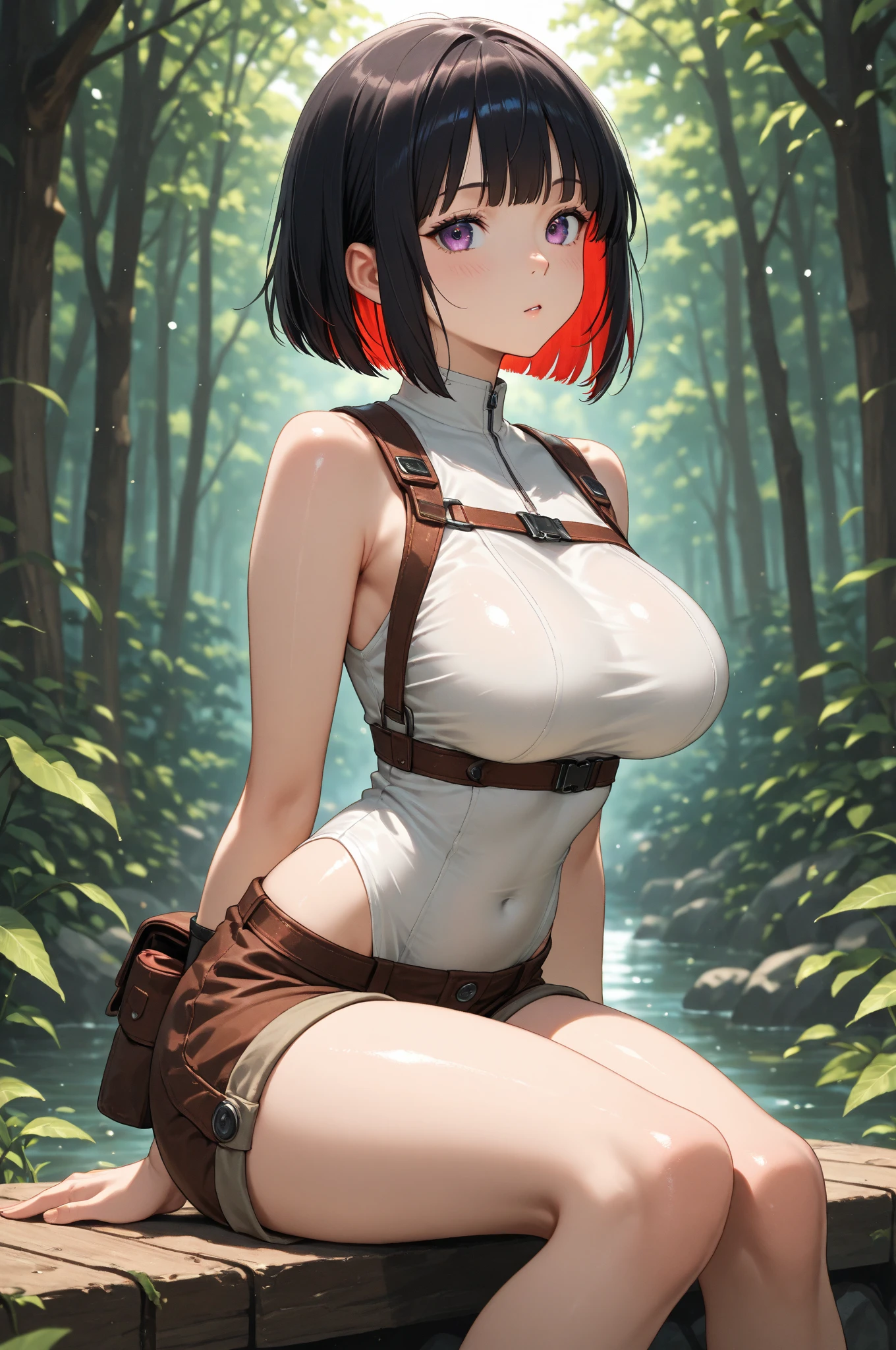 ((1 woman with transparent panties, white scientist coat)),((just a biomechanical brat)),((big breasts)),((in a forest)),((wet pussy, erect nipples)) ,((very large pubic hair)),((short black hair with a side ponytail, with very large bangs covering the face)),((one blue eye, one biomechanical red eye, with an evil smile)), ((standing facing the viewer, in a forest)),