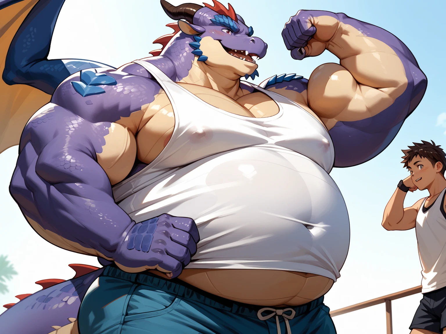 human nature, cannon, male, solitary, ((the strong，Handsome)), ((dragon) fur), Chibo，Six-pack abs，(School Background)，Blue shorts，Sweat:1.3,White Socks，high quality, (4k,high quality, high resolution, masterpiece), Front view (close up), cartoon,by lindong