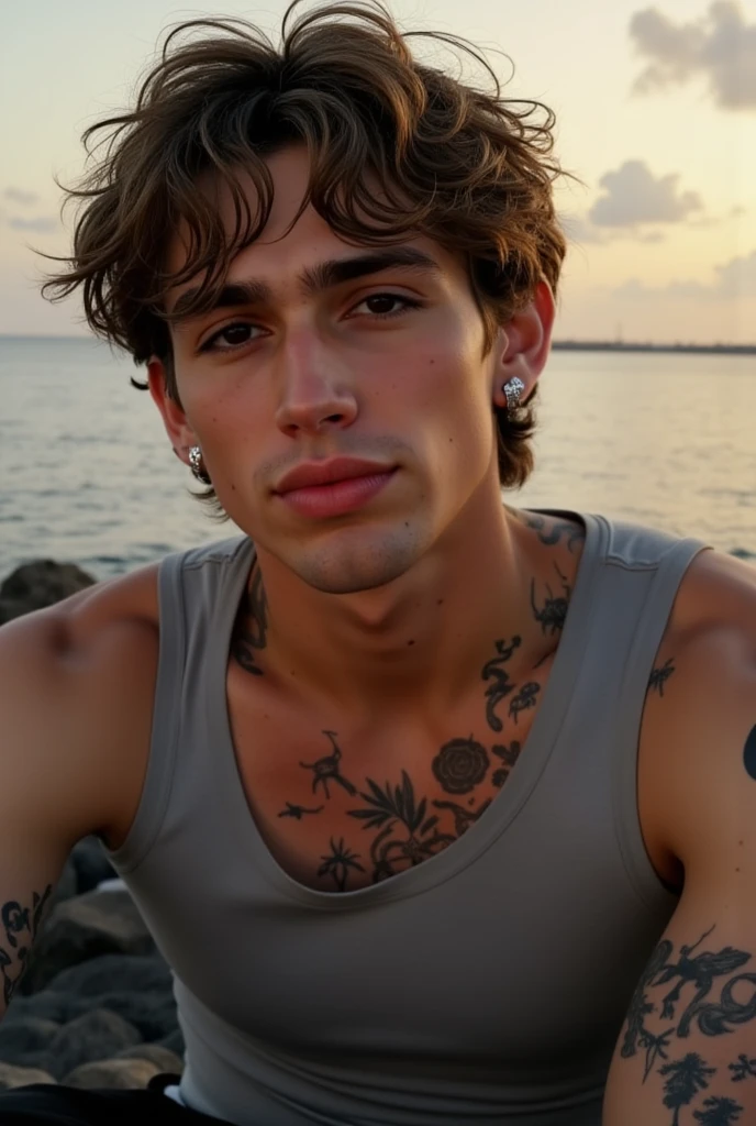 young teen boy blowing violet balloon, shirtless in speedos, slim body, sunglasses, tattoos, violet balloons, purple balloons