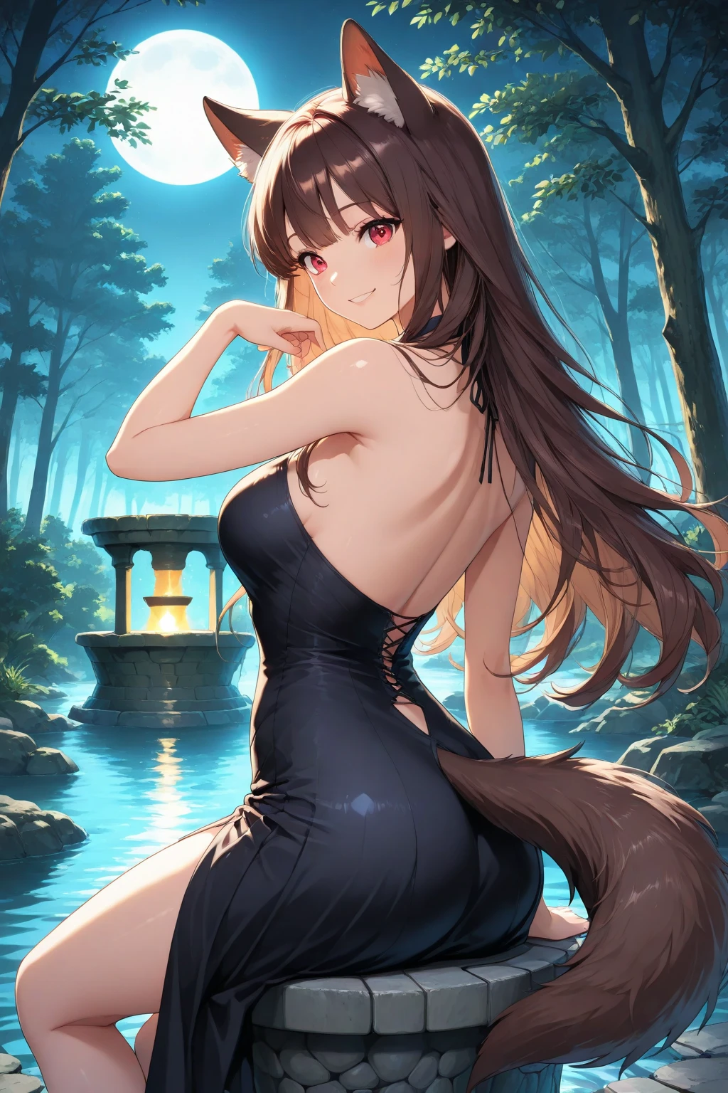 slender, mature female,1girl, breasts, flower, long_hair, brown_hair, cleavage, jewelry, moon, solo, looking_at_viewer, full_moon, night, large_breasts, sitting, bangs, bokeh, smile, bare_shoulders, lens_flare, dress, necklace, collarbone, white_dress, sketch, brown_eyes, lights, lips, black_eyes, night_sky, parted_lips, sky, eyebrows_visible_through_hair, closed_mouth, thighs, sidelocks, bare_legs, sleeveless, outdoors, animal_ears, horse_ears, horse_girl, horse_tail,