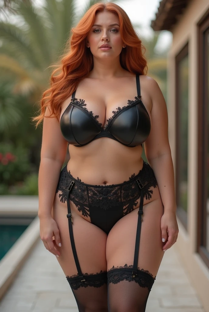 Gorgeous and stunning girl, (Dark orange hair, blue eyes:1.3), ((olive green leather loincloth:1.3)), ((fishnet stockings)), (thick thighs, thicc:1.3), thick calves, tiny waist, strong girl, ((black leather combat boots)),