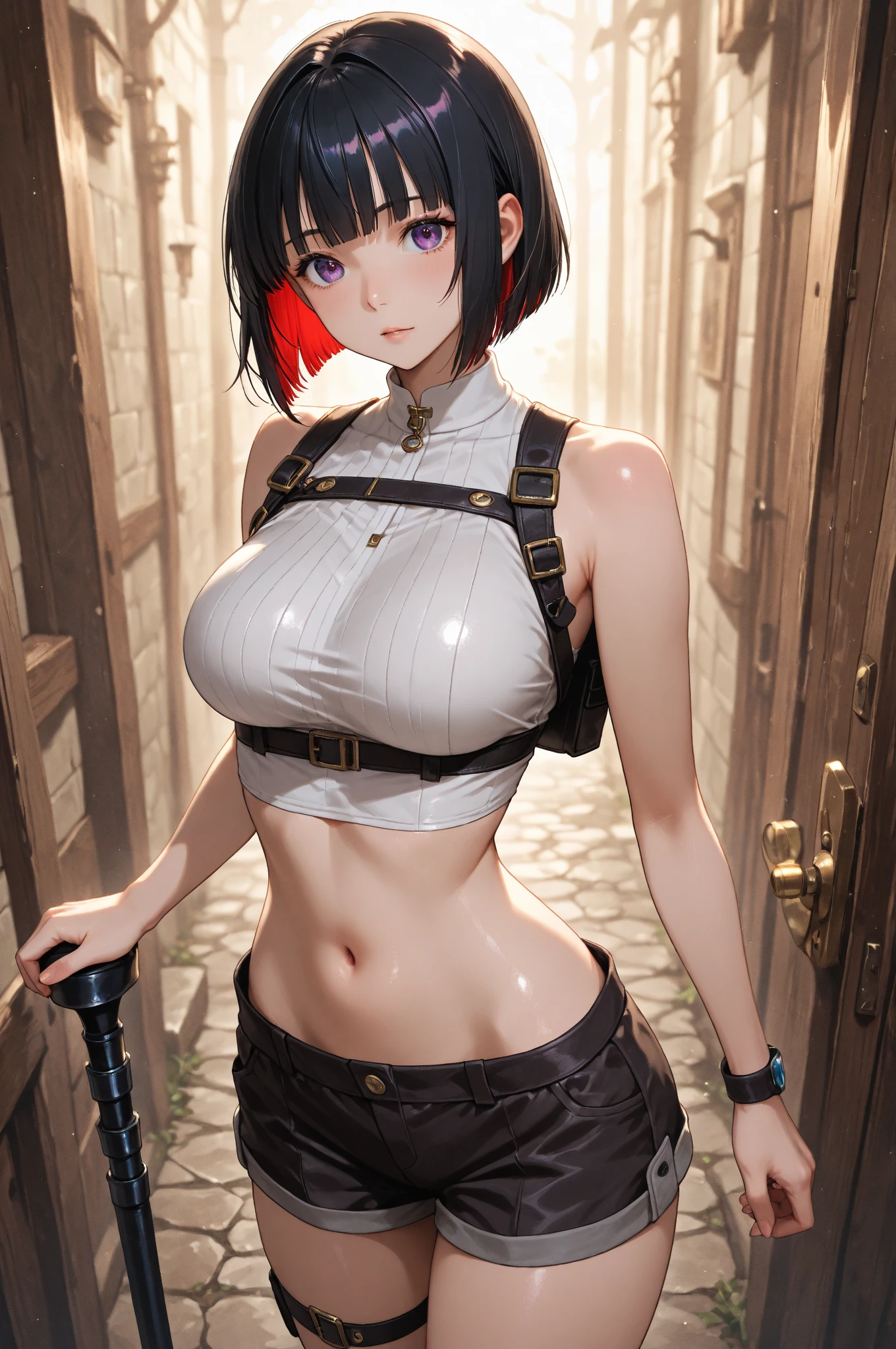 genshinnoelle, noelle, braid, flower, hair flower, hair ornament, short hair, silver hair, (green eyes:1.5),
BREAK red choker,bandaged arm, bandaged leg, bandages, bracelet, chest sarashi,cleavage, collarbone, fingerless gloves,
BREAK indoors, laboratory,
BREAK looking at viewer, (cowboy shot:1.5),standing, leaning forward, (arms behind back:1.2),
BREAK (masterpiece:1.2), best quality, high resolution, unity 8k wallpaper,NSFW ,(illustration:0.8), (beautiful detailed eyes:1.6), extremely detailed face, perfect lighting, extremely detailed CG, (perfect hands, perfect ???????),