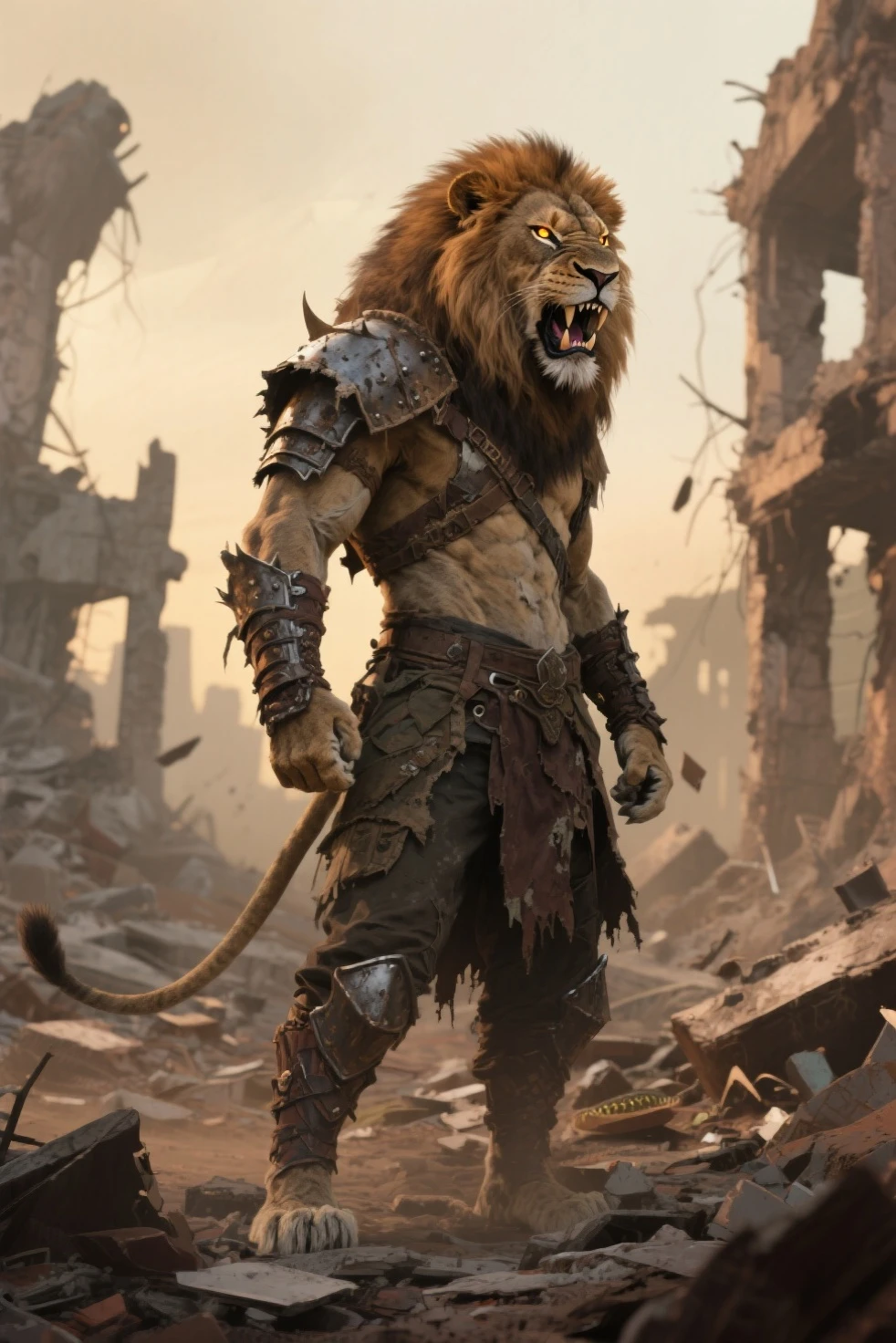 Solo Sexy anthro furry lion male; ancient Mediterranean desert warrior; slim mesomorph handsome model apperance apperance; anthro muzzle head shape leather helmet mask with eye holes; anthro muzzle head shape leather helmet mask with eye holes, anthro muzzle head shape leather helmet mask with eye holes, sword scars; worn out rusty sexy skimpy armament. He has low on hips heavy leather studded heavy belt. he has narrow in the crotch very old worn out bulgy tigh jockstrap (smelly jockstrap fetish); His jockstrap it is made of old white worn out matte leather sewn together from a few pieces, it has never been washed, it is dirty and has stains from secretions of dried semen and sweat; His armor is old heavy brown harness with armlets studded with spikes; rusty old skimpy breatsplate armor, he has old brown leather BFR Bands on Biceps and his thighs, he has old worn out fingerless leather gloves. His armor is in ruin, it is very very old and dirty, rusted, dirty, old worn out, rusty breastplate. Even though he is a handsome and sexy man, he has a sloppy appearance, has disheveled unwashed dirty fur, dirty body look. he smells, he has stains from old blood, dirst, cum, mud, smelly furr, disgusting bastard looking. He stands proudly bravely in the Mediterranean sunny pine forest; he stands upright, furious, with his sword raised in a ready-to-fight position, he holds a sword in his right paw, ready for incoming fight; he has a proud, threatening and defiant expression on his face, with little dirty dangerous smile; he has narrow in the crotch very old worn out bulgy tigh jockstrap (smelly jockstrap fetish); His jockstrap it is made of old white worn out matte leather sewn together from a few pieces, it has never been washed, it is dirty and has stains from secretions of dried semen and sweat;, he has narrow in the crotch very old worn out bulgy tigh jockstrap (smelly jockstrap fetish);