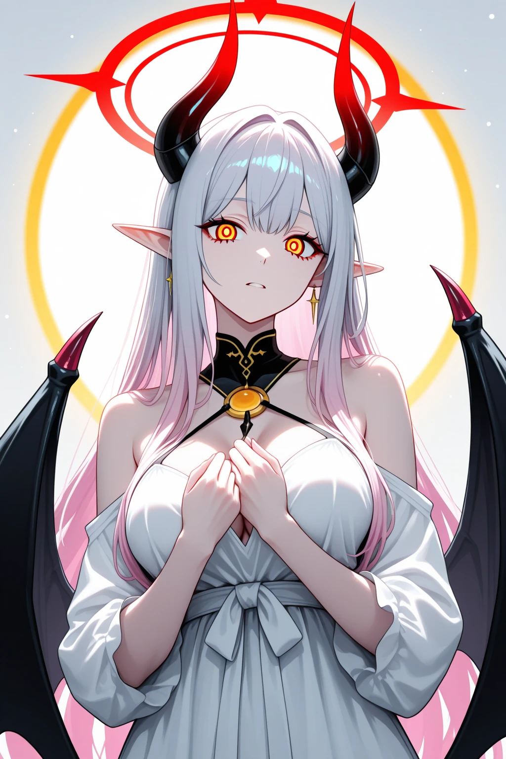 "A full-body portrait of a female demon with a gentle, mischievous smile. She is dressed in her usual light, transparent clothing that flows elegantly around her figure. She has prominent demonic horns and a glowing halo above her head, signifying her unique status as a demon blessed with divine attributes. Her wings are pure white, creating a striking contrast against her dark attire. Her glossy pink lips add to her seductive yet affectionate expression. She stands confidently, exuding both darkness and light, with a background that blends shadows and soft light to reflect her dual nature.&quot;One girl, Very long hair, Open your mouth a little, Angel Halo, Highest quality, High resolution, High-resolution model, Large Breasts, tongue, Drooling, Saliva stringing, smile, Character portrait, Background blur, Anime Style, 