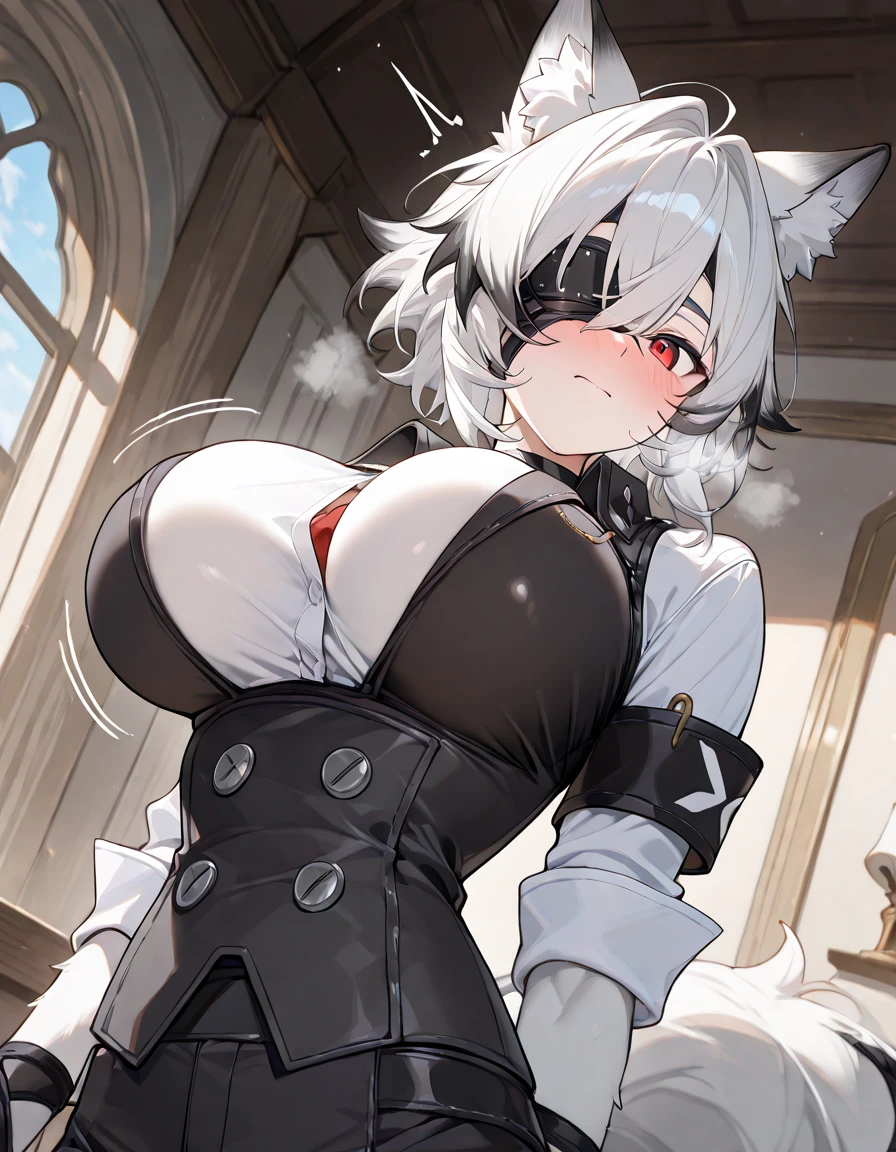 Cute girl, cow costume, short white hair, yellow eyes, cow horns, cow tail, cow ears, bell, black and white spotted skin, big chest, bare shoulders, exposed stomach,