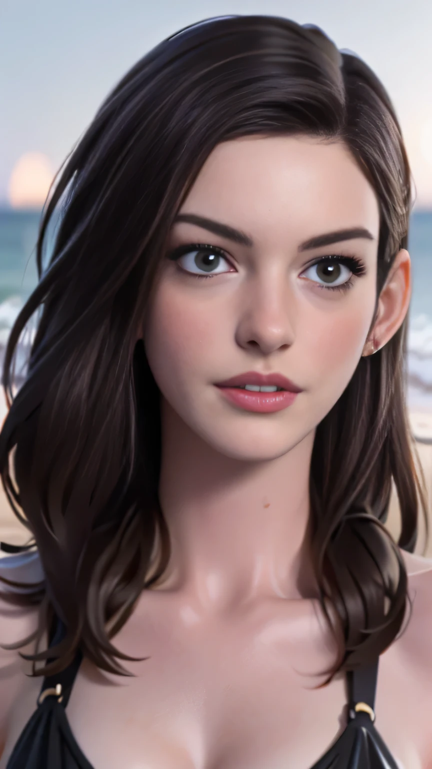 photo of Anne Hathaway, RAW, beautiful woman, ((portrait)), ((detailed face:1.2)), ((detailed facial feature, detailed skin, clear skin), (perfect proportioned body), (wearing a ) (high detailed beach environment, tropical island), (realistic photo, best quality, detailed), (8k wallpaper), (cinematic lighting, dramatic lighting) (sharp focus, intricate)