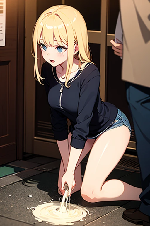 masterpiece, top-quality, The ultra -The high-definition, Top resolution, ighly detailed, masutepiece, Best Quality, absurderes,、1girl in, ((((Being))))、Bright blonde hair、length hair、dishevled hair、Tank Tops、skirt by the、pleatedskirt、(No panties)、((bending forward))、large full breasts、Wide waist、Reach for the wall、Put your hands on the bed、glares、((1boy)), SEX, (hetero:1.2), blush, Sweat, steam, ((((insertion))))、((((violate))))、from behind、Twisting the skirt